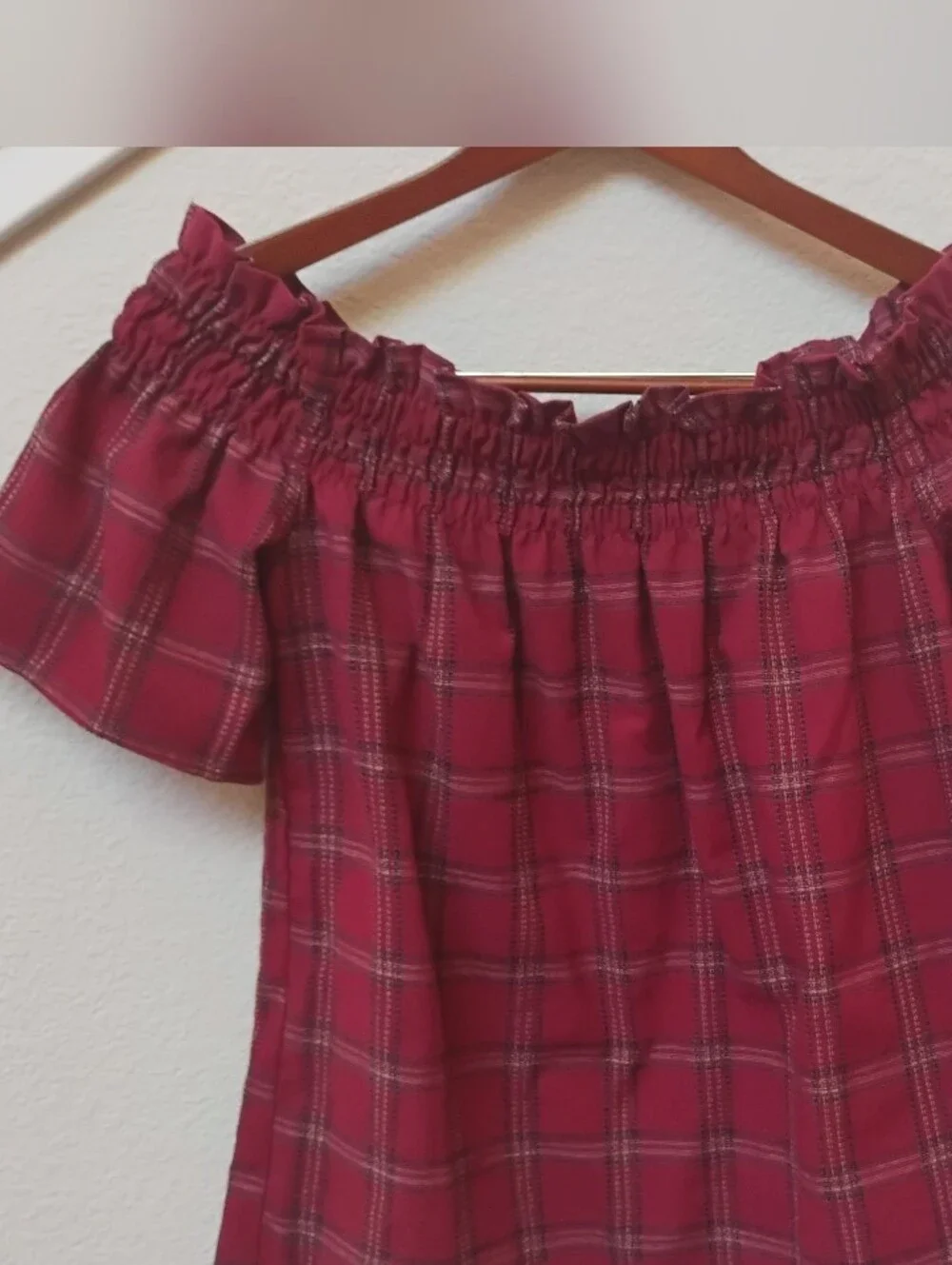 Socialite Red Plaid Off-Shoulder Blouse
